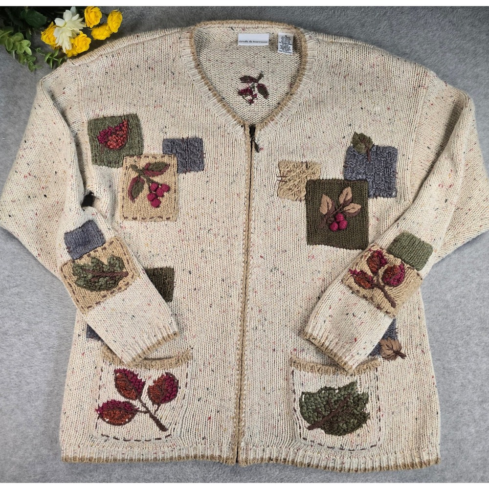 Croft & Barrow Zip Cardigan Small Beige Patchwork Embroidered Fall Leaf Sweater